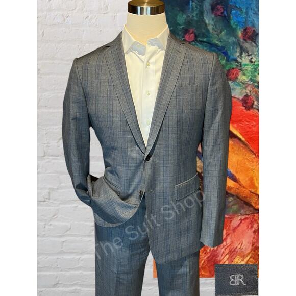 Banana Republic Monogram 40L 35x31 Slim Blue Gray Plaid Suit Guabello Connosseur - Picture 1 of 16